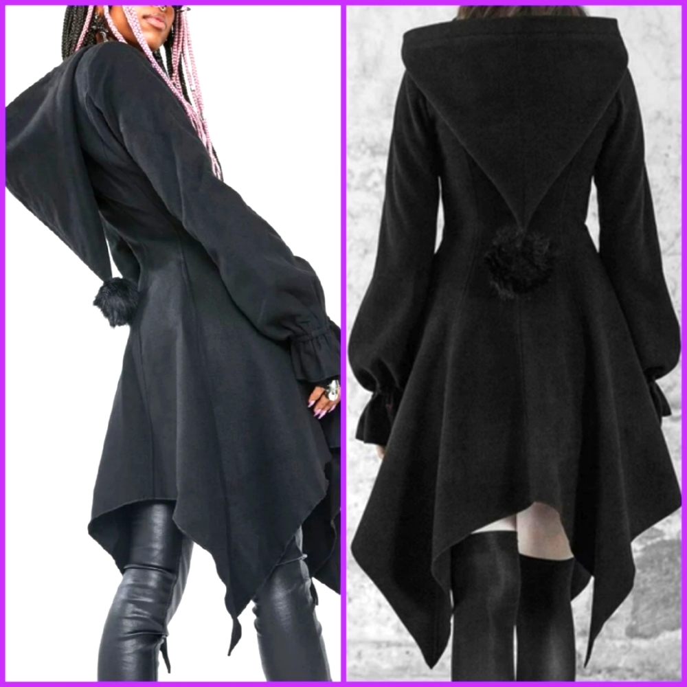 PUNK RAVE Irregular Hem Oversize Hood Goth Witch Winter Coat